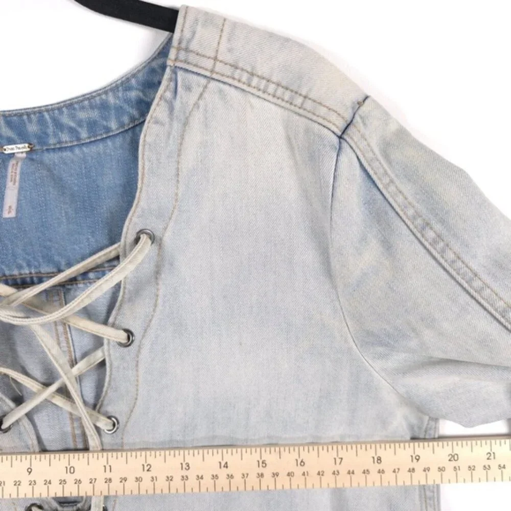Free People Denim Pullover Neopolitan Dreams Blue Sky Surfer Hippie Lace‎ Up S/P